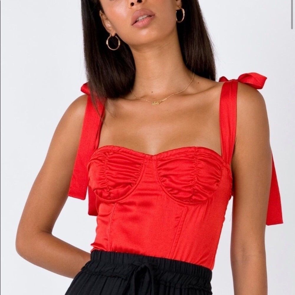 Lioness Womens Corset Top Ruched Bustier Tie Shoulder Sleeveless Satin Red XS